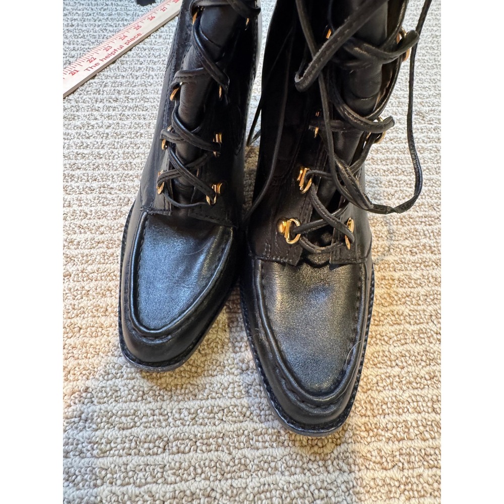 Michael Kors Black Quilted Leather Lace Up High Heel Boots Womens 8M Gold - Picture 7 of 11